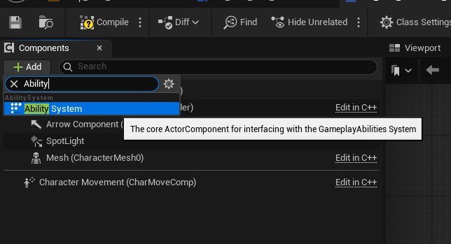 Add the Ability System component to the character